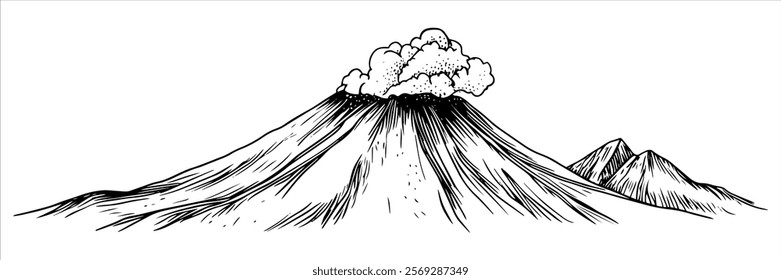 active volcano with smoke cloud and surrounding peaks hand drawn doodle sketch