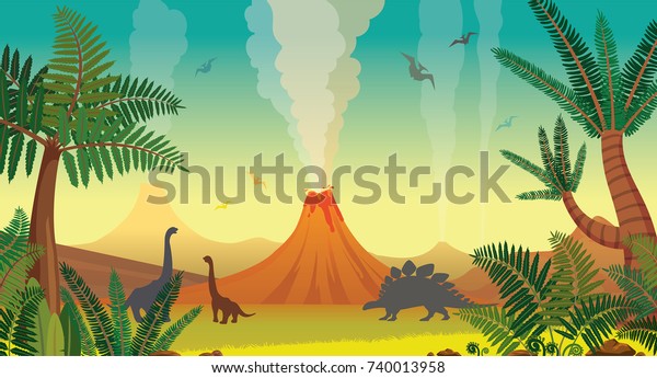 Active volcanoes with lava,\
green ferns and trees, silhouette of dinosaurs on a blue sky.\
Prehistoric illustration with extinct animals. Vector nature\
landscape.