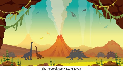 Active volcanoes with lava, green plants, cave and silhouette of dinosaurs on a blue sky. Prehistoric illustration with extinct animals. Vector nature landscape.