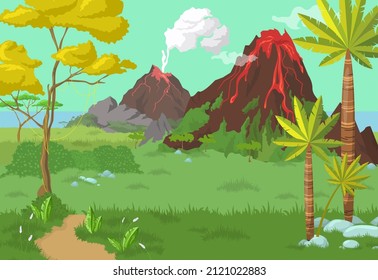 Active volcanoes, tropical nature, flat vector illustration. Volcanoes erupting hot, dangerous gases, ash and lava. Volcanic eruption.