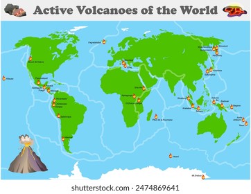 Active Volcanoes of the World map. Science education vector illustration