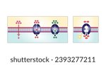 Active vs passive transport for Molecules movement in cell. Membrane transport, different concentration gradients. Diffusion and facilitated diffusion. Active transport via ATP. vector illustration.