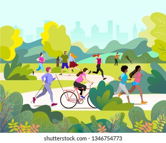  Active walk outdoors. World Health Day.People leading an active healthy lifestyle. Vector illustration. 