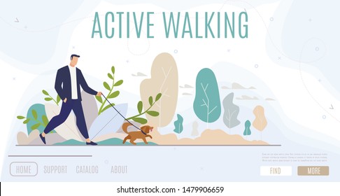 Active Walking, Healthy Lifestyle, City People Recreation Flat Vector Web Banner, Landing Page Template with Man Resting, Townsman Walking with Puppy on Leash in City Park or Square Illustration