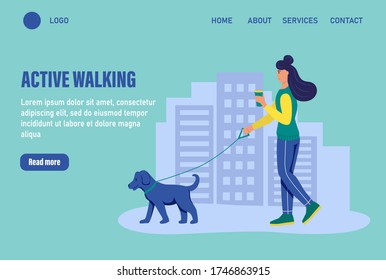 Active walking. Website homepage landing web page template. A young woman walks her dog. The concept of daily life, everyday leisure and work activities. Flat cartoon vector illustration.