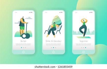Active Weekend Lifestyle Mobile App Page Onboard Screen Set. Man Rides gyro scooter, Woman Meditate Yoga and Relax on Bench in Park Concept for Website or Web Page. Vector Character Illustration