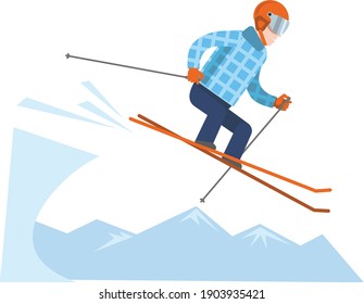 Active winter entertainment, winter sports, alpine skiing. An equipped skier descends the mountain at high speed. Flat infographics. Vector illustration.