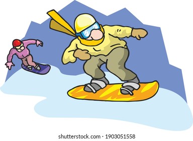 Active winter entertainment, winter sports, snowboarding. Snowboarders descend from the mountain at high speed. Flat infographics. Vector illustration in cartoon style.