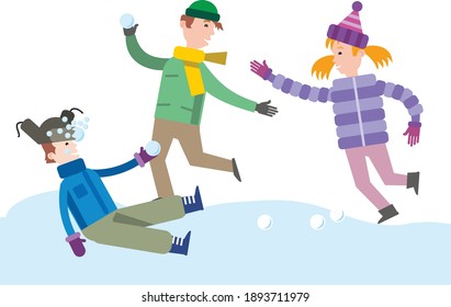 Diversión de invierno activa. Un grupo de niños felices están jugando bolas de nieve. Infografía plana. Ilustración vectorial.