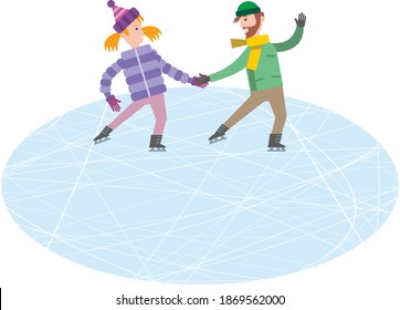 Active winter fun. Pair skating, a man and a woman ice skating, dancing on the ice rink. Flat infographics. Vector illustration.