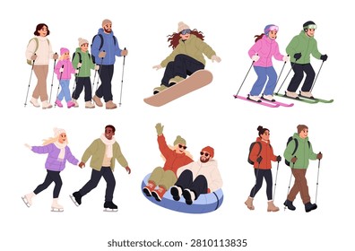 Active Winter Recreation Set with Multicultural People. Skiing, Snowboarding, Ice Skating, Snow Tubing, Family Mountain Vacation and Winter Hiking Vector Collection.