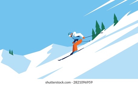 Active winter skier slides quickly down a steep snow-covered mountain slope during a bright, sunny day of winter sports.