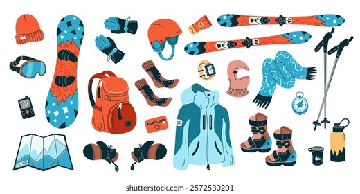 Active winter sports equipment flat color vector objects set. Clothing and inventory for training illustrations bundle on white background