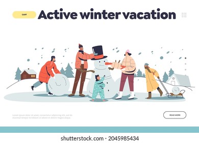 Active winter vacation concept of landing page with happy family outdoors making snowman together. Young parents with three kids playing with snow on holidays. Cartoon flat vector illustration