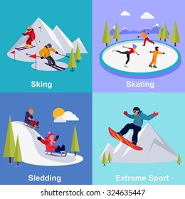 Active winter vacation extreme sports. Sledding and sking, skating and mountain, snow and recreation, travel outdoor, cold and holiday, snowboarder athlete illustration