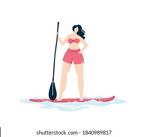 Active woman in beachwear standing on sup board on flatwater holding paddle. Hand drawn flat vector illustration. 