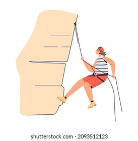 Active woman climbing rock hanging on belay ropes and wearing helmet. Girl wall climber workout. Extreme sport and activity concept. Cartoon flat vector illustration