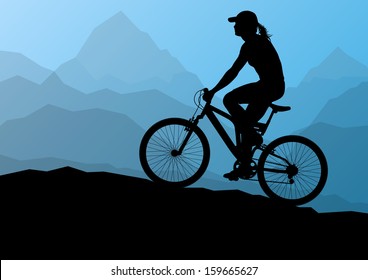 Active woman cyclist bicycle rider in wild mountain nature landscape background illustration vector