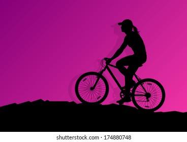 Active woman cyclist bicycle rider in wild mountain nature landscape background illustration vector