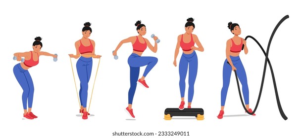 Active Woman Engaging In Fitness Activities, Through Exercises Such As Cardio, Weightlifting, And Crossfit. Battle Ropes, Dumbbells, Step Board and Resistance Band. Cartoon People Vector Illustration