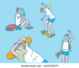 An active woman enjoying skateboarding. hand drawn style vector design illustrations. 