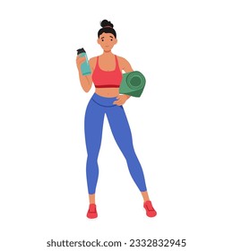 Active Woman Equipped With A Mat And Water Bottle, Female Character Ready To Engage In Fitness Activities And Stay Hydrated During Her Workout Routine. Cartoon People Vector Illustration