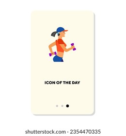 Active woman exercising or running with dumbbells flat icon. Vertical sign or vector illustration of exercising or healthy lifestyle element. Sports, activity, health for web design and apps
