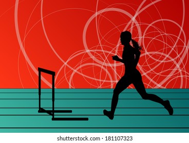 Active woman girl sport athletics hurdles barrier running silhouettes illustration background vector