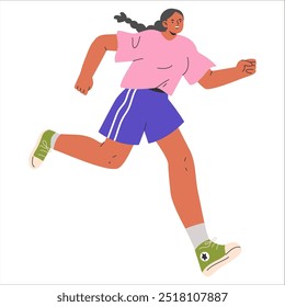 Mulher ativa jogging ilustração. Uma representação dinâmica de uma jovem atleta correndo ao ar livre em roupas esportivas casuais. Ilustração vetorial.