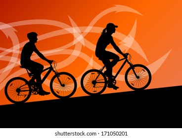 Active Woman And Man Cyclists Bicycle Riders In Abstract Arrow Line Landscape Background Illustration Vector