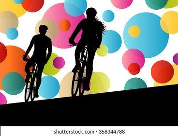 Active Woman And Man Cyclists Bicycle Riders In Abstract Sport Landscape Background Illustration Vector