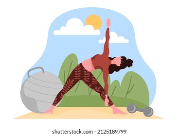 Active woman on nature. Young girl practices yoga, position and asana. Stretching and exercising outdoors, sportswoman, active lifestyle, health care and fresh air. Cartoon flat vector illustration