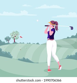Active woman playing golf. Female character hitting the ball with club. Player spending time on golf course. Back view. Colorful vector illustration. Cartoon style