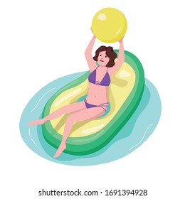 Active woman in pool flat color vector character. Fit girl playing with ball. Sporty female sitting on inflatable mattress. Avocado ring. Adult beach activity isolated cartoon illustration