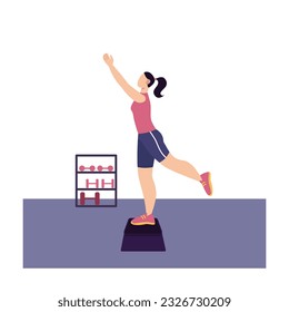 Active woman preforming exercises. Female doing sports in gym. Regular physical activity. Morning workout to loss weight. Active and healthy lifestyle. Vector illustration in blue colors