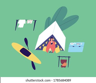 Active woman relaxing at camping tent after kayaking day vector flat illustration. Female drink hot beverage, cooking food on campfire, enjoy summer vacation. Tourist person during outdoor leisure