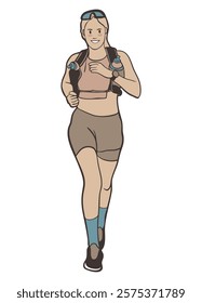 An Active woman running with hydration pack and sporty attire