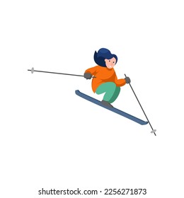 Active woman skiing. Female character with skiing equipment skiing, sliding, jumping cartoon vector illustration. Winter activities concept