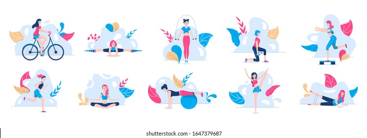 Active woman sport activities for health set with girl doing fitness, yoga, riding the bicycle, jogging, jumping vector illustration. Sportive women workout healthy active lifestyle.