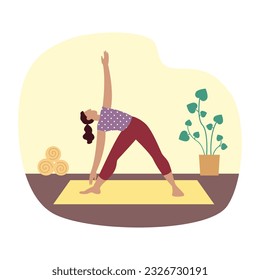 Active woman standing on mat and training at home. Time for stretching exercises. Morning workout to loss weight. Active and healthy lifestyle. Vector flat illustration in purple colors