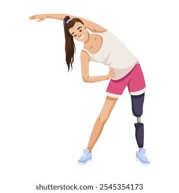 Active woman stretching with prosthetic leg. Vector illustration