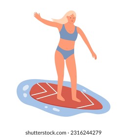 Active Woman in swimwear stand on surfboard and catch wave. Girl surfer ride on surf board. Flat vector illustration isolated on white background