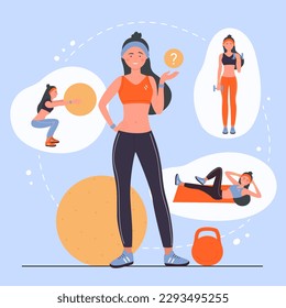 Active woman thinking about variety of physical sport exercises for workout vector illustration. Cartoon girl choosing between healthy different yoga or fitness training in gym, holding question mark