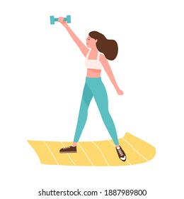 Active woman training with dumbbell on mat vector flat illustration. Sportswoman doing fitness exercise with sports equipment isolated. Female in sportswear practicing doing workout at home or gym