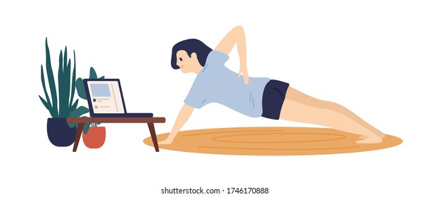 Active woman training at home watching tutorial video on laptop vector flat illustration. Happy female exercising on carpet during spending time online isolated on white. Girl enjoying sports