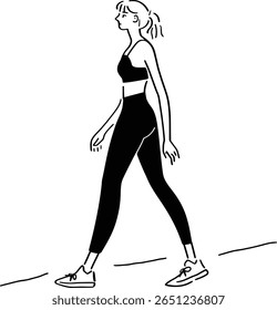 Mulher ativa caminhando para se exercitar em um sutiã esportivo e perneiras. Ilustração minimalista da arte de linha de um estilo de vida saudável e ativo.