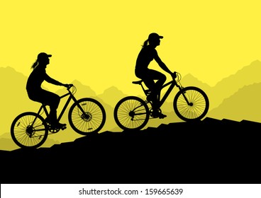 Active women cyclists bicycle riders in wild mountain nature landscape background illustration vector