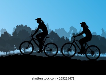 Active women cyclists bicycle riders in wild forest nature landscape background illustration vector