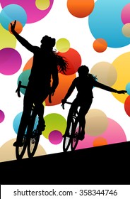 Active women cyclists bicycle riders in abstract sport landscape background illustration vector