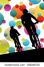 Active women cyclists bicycle riders in abstract sport landscape background illustration vector